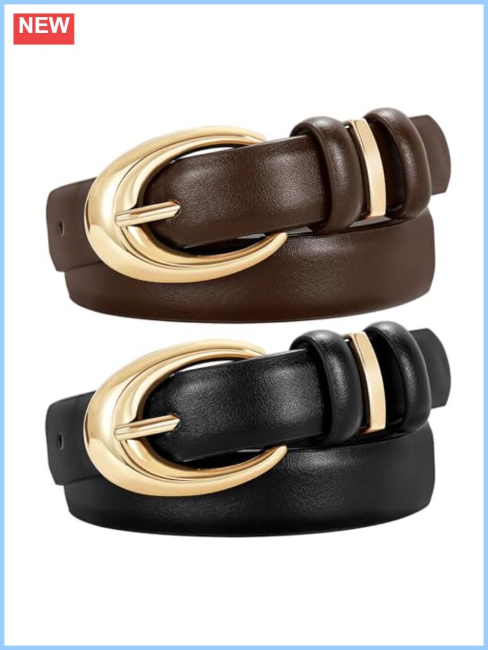 Women Faux Leather Belt 2 Pack Gold Buckle Slim Fit Jeans Pants
